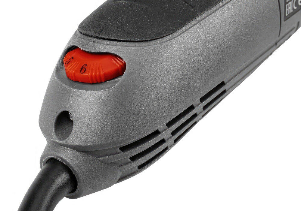 Szlifierka kątowa GRAPHITE 59G185 zbliżenie na pokrętło do regulacji prędkości płynna regulacja prędkości obrotowej od 3000 do 12000 obrotów na minutę dostosować intensywność pracy do konkretnego materiału kotrola