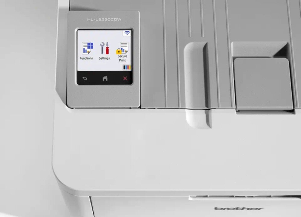 Drukarka BROTHER HL-L8230CDW zbliżenie na wyświetlacz z widocznym menu, w którym widać wybór funkcji łączność Wi-Fi USB-B obsługa