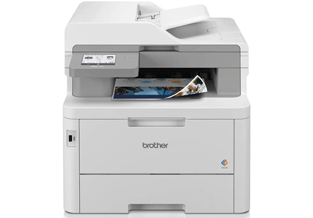 Urządzenie wielofunkcyjne BROTHER MFC-L8340CDW Druk w kolorze, Automatyczny druk dwustronny, Wi-Fi prezentacja urządzenia na białym tle od przodu rozwiązanie problemu wielu urządzeń laserowa funkcje druk skan kopia faks