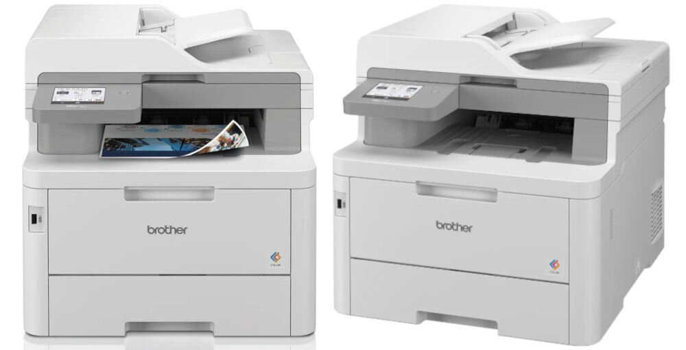 Urządzenie wielofunkcyjne BROTHER MFC-L8340CDW Druk w kolorze, Automatyczny druk dwustronny, Wi-Fi prezentacja urządzenia na białym tle pod kątem i od przodu wymiary odpowiednie umiejscowienie solidna bryła