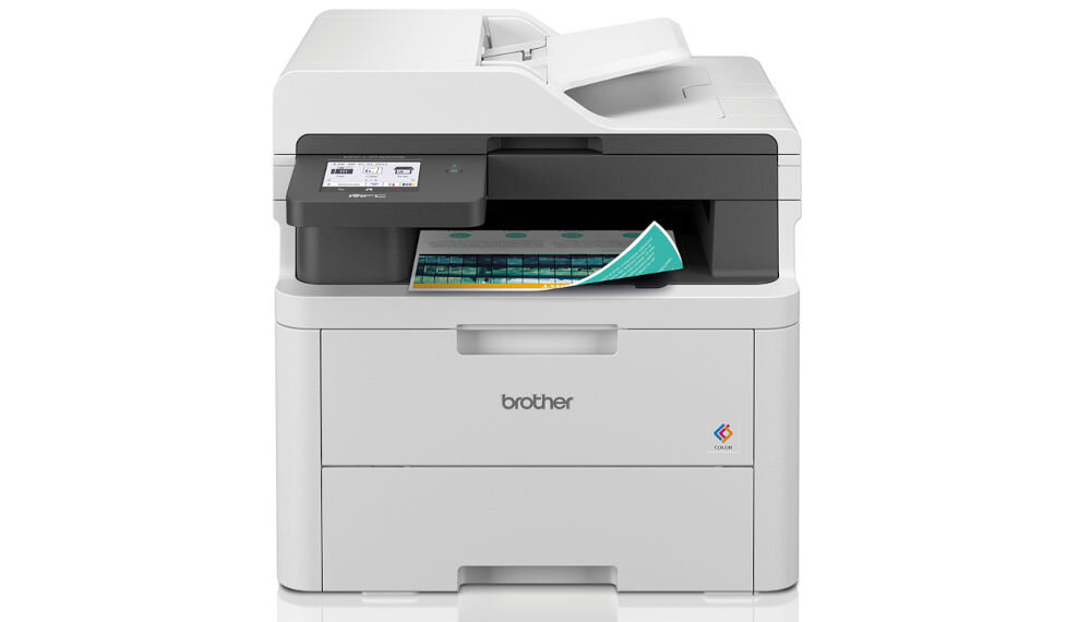 Urządzenie wielofunkcyjne BROTHER MFC-L3740CDW Druk w kolorze, Automatyczny druk dwustronny, Wi-Fi prezentacja urządzenia na białym tle od przodu z wychodzącą kartką druk dwustronny duplex obniżenie kosztów redukcja zużycia papieru