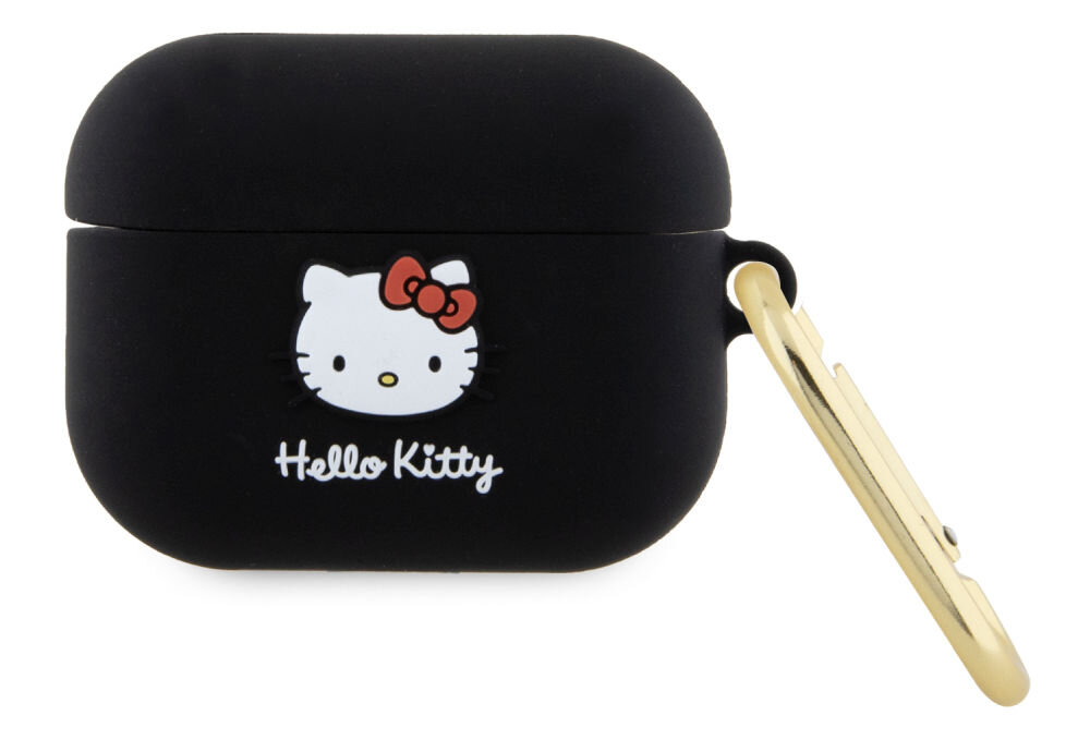 Czarne etui na słuchawki z wizerunkiem Hello Kitty i napisem \'Hello Kitty\'. Posiada złoty karabińczyk z boku.