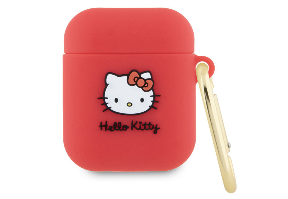 Czerwone etui na słuchawki z wizerunkiem Hello Kitty i napisem \'Hello Kitty\'. Po prawej stronie znajduje się złoty karabińczyk.