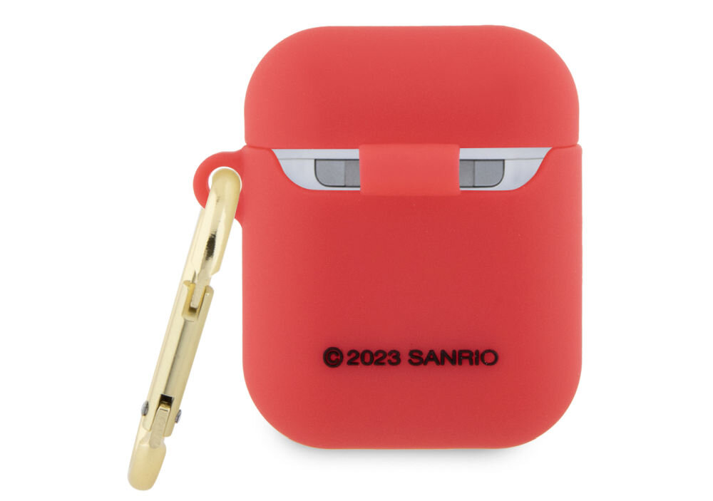 Czerwone etui na słuchawki z nadrukiem © 2023 SANRIO, posiada złoty karabińczyk.