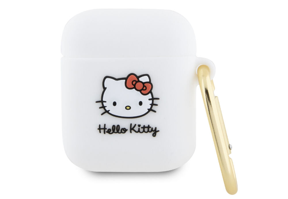 Białe etui na słuchawki z nadrukiem postaci Hello Kitty i napisem \'Hello Kitty\'. Etui posiada złoty karabińczyk z boku.