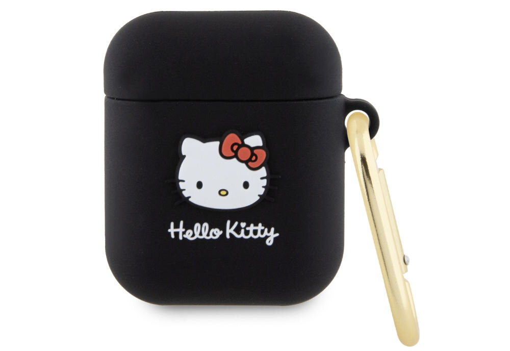 Czarne etui na słuchawki z wizerunkiem postaci Hello Kitty i napisem \'Hello Kitty\'. Etui posiada złoty karabińczyk z boku.