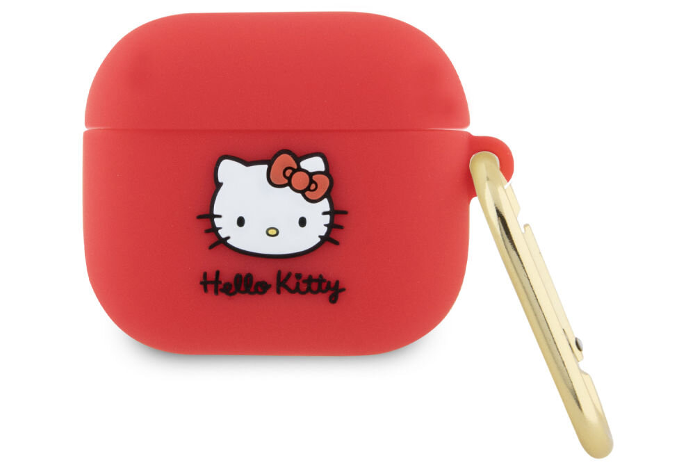 Czerwone etui na słuchawki z wizerunkiem postaci Hello Kitty i napisem \'Hello Kitty\'. Po prawej stronie znajduje się złoty karabińczyk.