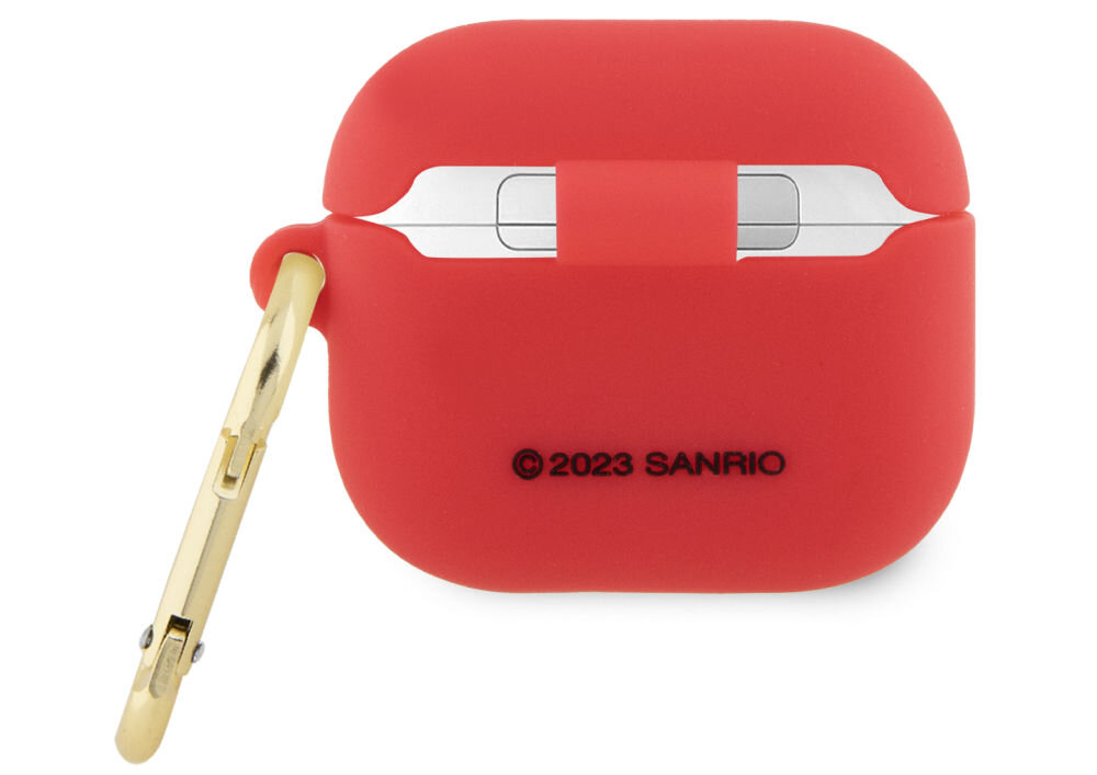 Czerwone etui na słuchawki z metalowym karabińczykiem. Na etui widoczny jest napis \'© 2023 SANRIO\'.