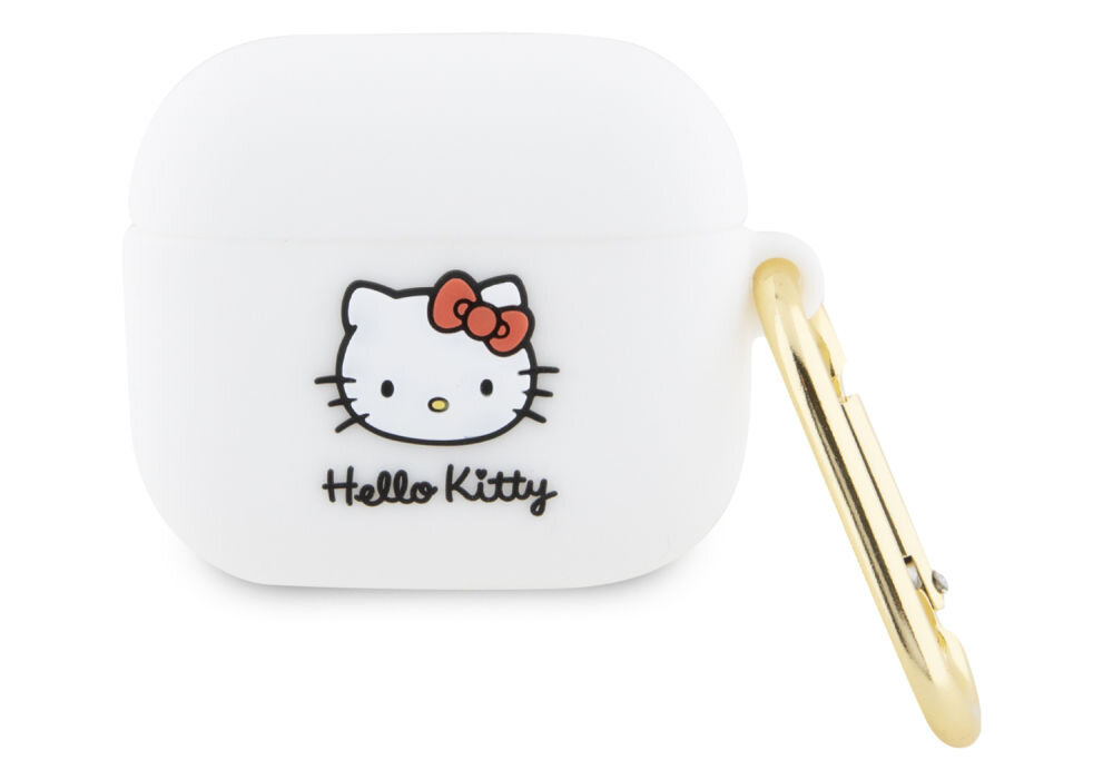 Białe etui na słuchawki z nadrukiem postaci Hello Kitty i złotym karabińczykiem. Na etui widoczny jest napis \'Hello Kitty\'.