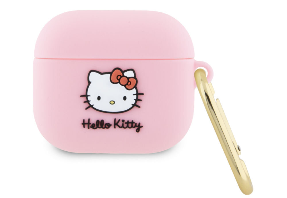 Różowe etui na słuchawki z wizerunkiem Hello Kitty i napisem \'Hello Kitty\'. Posiada złoty karabińczyk z boku.