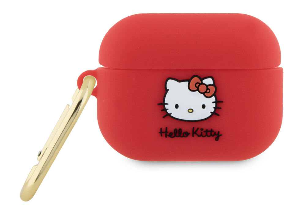 Czerwone etui na słuchawki z wizerunkiem Hello Kitty i napisem \'Hello Kitty\' na przodzie. Etui posiada złoty karabińczyk z boku.
