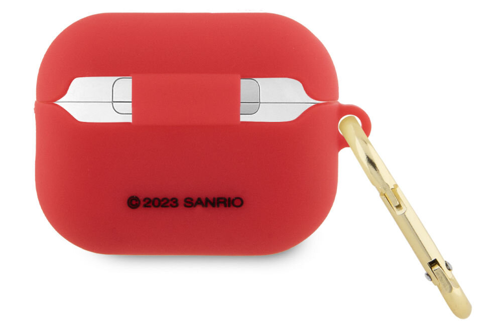 Czerwone etui na słuchawki z metalowym zapięciem i napisem \'© 2023 SANRIO\'.