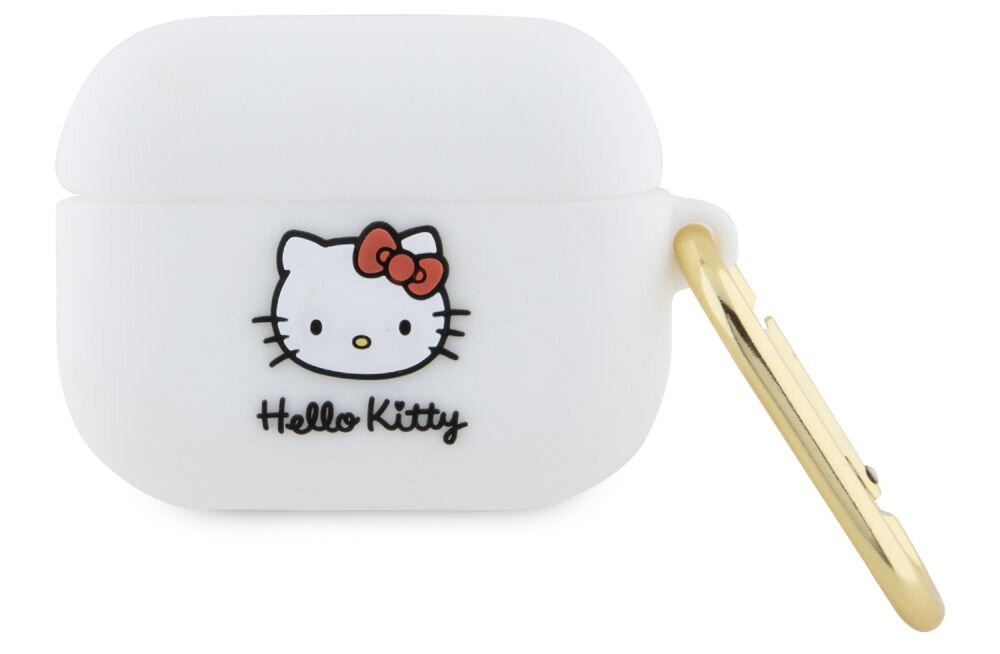 Białe etui na słuchawki z wizerunkiem Hello Kitty i napisem \'Hello Kitty\', wyposażone w złoty karabińczyk.