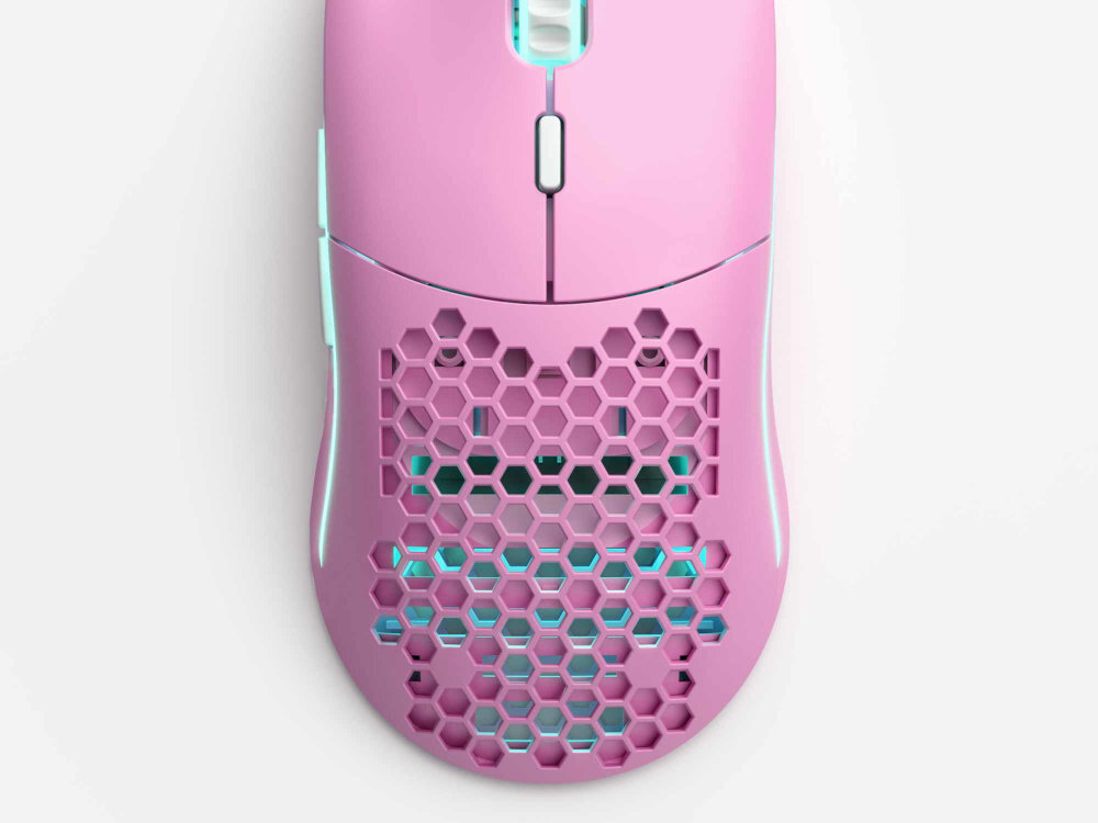 GLORIOUS PC Gaming Race Model O- Sensor BAMF czujnik Pixart PMW 3360 rozdzielczości 12 000 DPI prędkość śledzenia 250 IPS modeli O i O- przyspieszeniem 50G przycisku na myszy dioda aktualnie ustawionym poziomie rozdzielczości - mysz od góry na białym tle