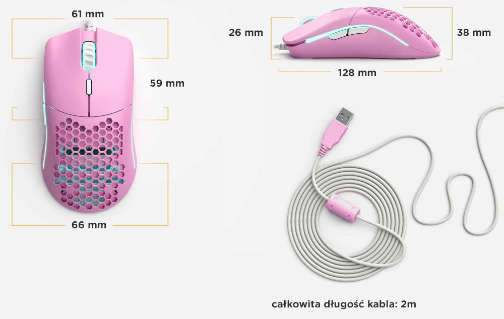 GLORIOUS PC Gaming Race Model O oświetlenie LED Oświetlenie niezależnych stref regulować kolor światła każdej z nich 16,8 mln kolorów RGB jasność, a także animację świateł dołączonego oprogramowania, - mysz na białym tle z wymiarami i kablem