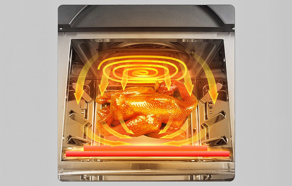 Frytkownica beztłuszczowa LEACCO AF016 Air Fryer system cyrkulacji ciepłego powietrza 360° równomierne pieczenie Funkcje regulacji temperatury ustawienia zakres kontrola dania potrawy moc