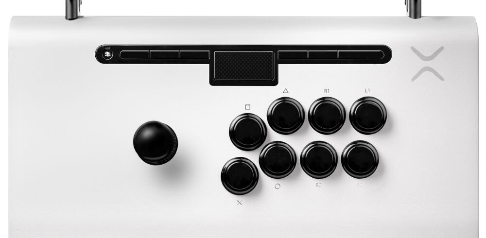 Kontroler PDP Victrix Pro FS Arcade Fight Stick Biały prezentacja kontrolera na białym tle przyciski Sanwa Denshi 30 mm joystick Link 2 dokładność