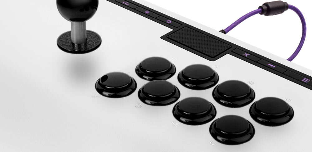 Kontroler PDP Victrix Pro FS Arcade Fight Stick Biały prezentacja paska sterowania na kontrolerze przyciski trybu turniejowego sterowanie dźwiękiem światłami LED przycisk PS szybka reakcja skupienie na pojedynku