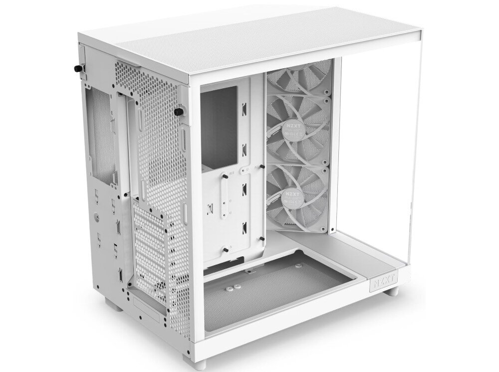 Obudowa NZXT H6 Flow Pusta obudowa komputerowa widziana od góry z boku, ukazująca przeszklone panele oraz trzy wentylatory zamontowane pod kątem wewnątrz