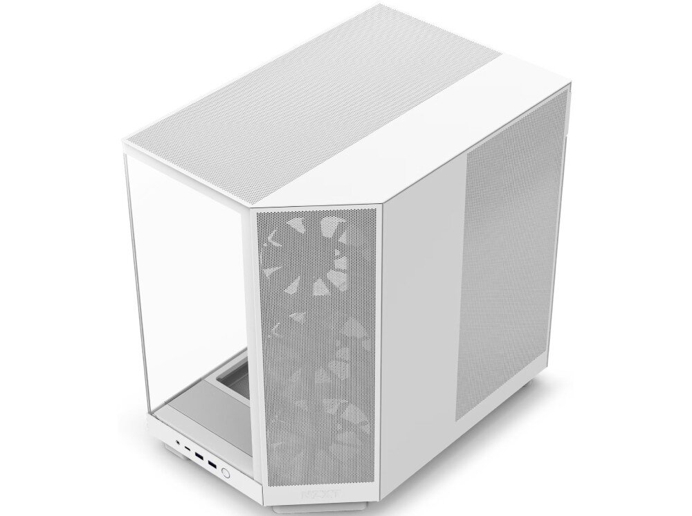 Obudowa NZXT H6 Flow Pusta obudowa komputerowa ujęta od góry, z widocznym perforowanym panelem górnym oraz skośnym przednim panelem z siatki