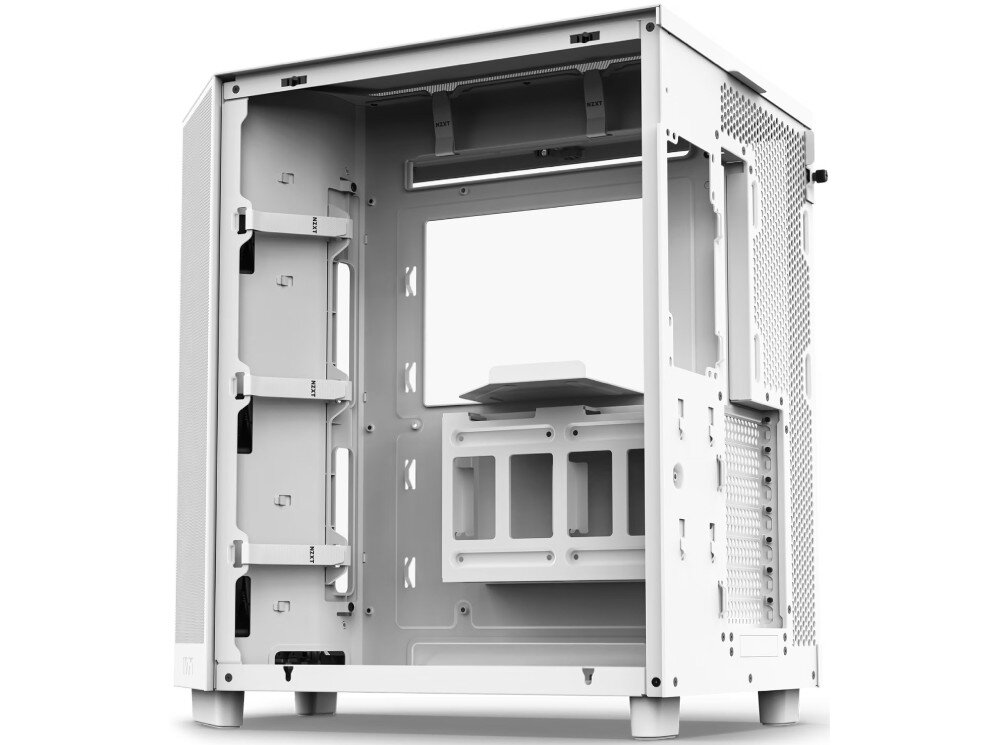 Obudowa NZXT H6 Flow Wnętrze obudowy komputerowej od strony prowadzenia kabli, z widoczną tacą płyty głównej oraz uchwytami na przewody