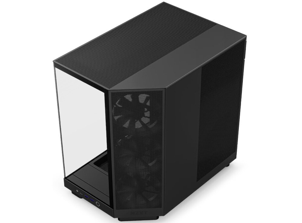 Obudowa NZXT H6 Flow Pusta obudowa komputerowa ujęta od góry, z widocznym perforowanym panelem górnym oraz skośnym przednim panelem z siatki