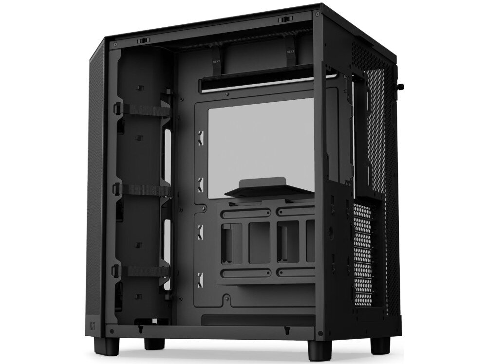 Obudowa NZXT H6 Flow Wnętrze obudowy komputerowej od strony prowadzenia kabli, z widoczną tacą płyty głównej oraz uchwytami na przewody