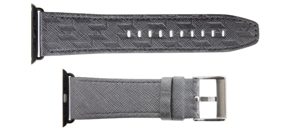 Pasek KARL LAGERFELD Saffiano Monogram do Apple Watch 42/44/45/49mm Srebrny, Trwałość i wygoda, Prezentacja samego paska w 2 częściach przed montażem do zegarka