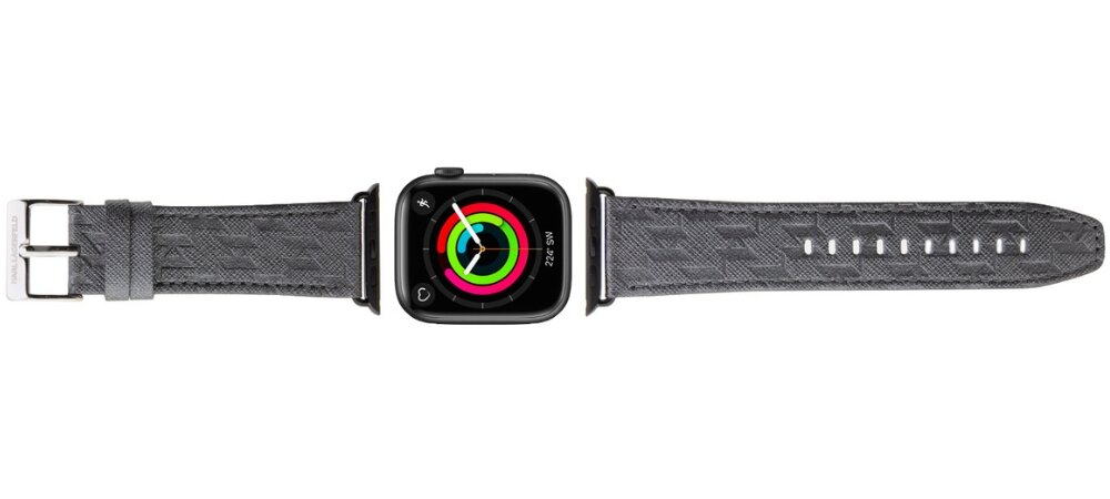 Pasek KARL LAGERFELD Saffiano Monogram do Apple Watch 38/40/41mm Srebrny, Modowe DNA, Pasek wraz zegarkiem pokazany od góry frontem