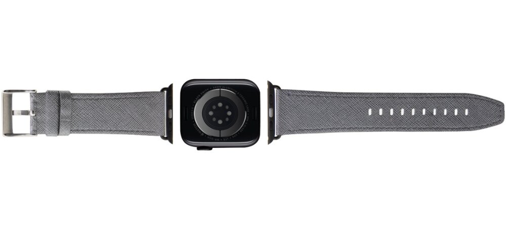 Pasek KARL LAGERFELD Saffiano Monogram do Apple Watch 38/40/41mm Srebrny, Modowy akcent na co dzień, Pasek wraz zegarkiem pokazany od góry tyłem