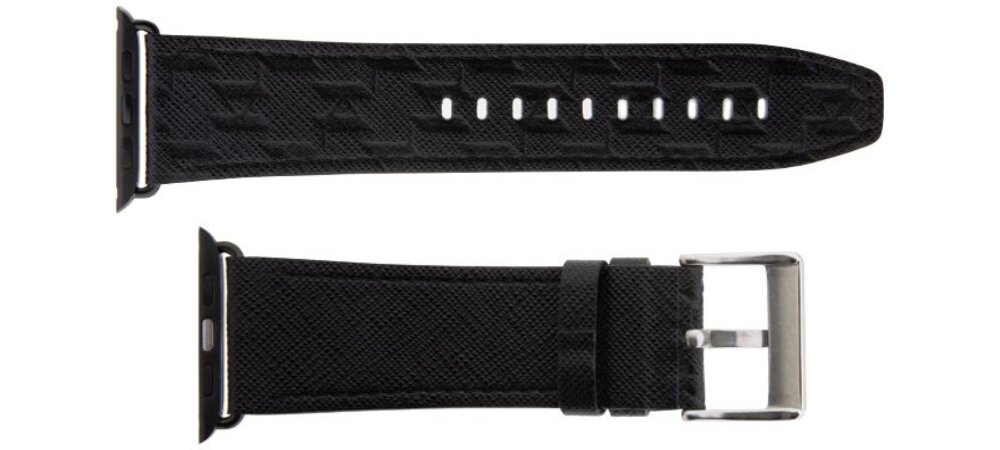 Pasek KARL LAGERFELD Saffiano Monogram do Apple Watch 42/44/45/49mm Czarny, Trwałość i wygoda, Prezentacja samego paska w 2 częściach przed montażem do zegarka