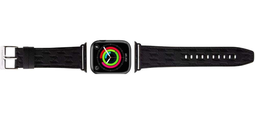 Pasek KARL LAGERFELD Saffiano Monogram do Apple Watch 38/40/41mm Czarny, Modowe DNA, Pasek wraz zegarkiem pokazany od góry frontem