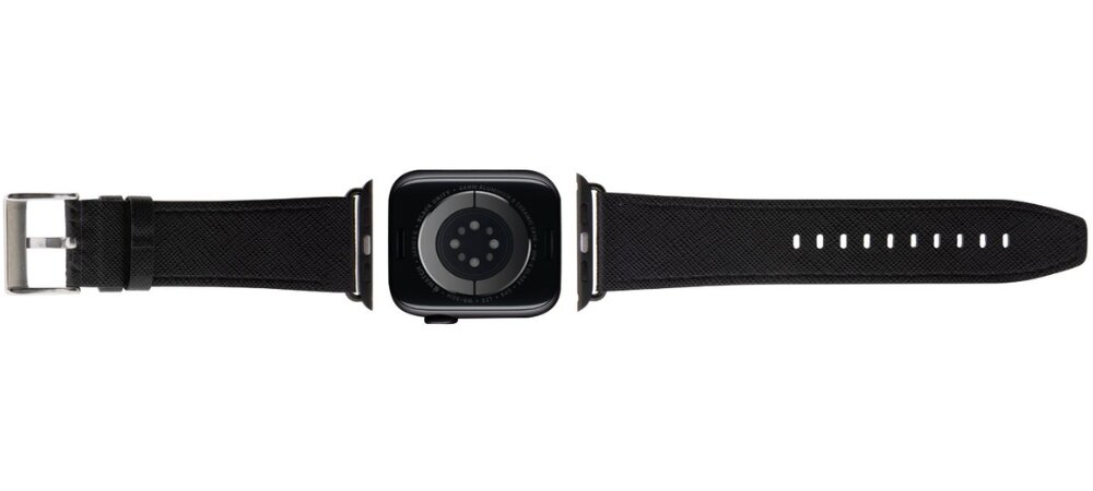 Pasek KARL LAGERFELD Saffiano Monogram do Apple Watch 38/40/41mm Czarny, Modowy akcent na co dzień, Pasek wraz zegarkiem pokazany od góry tyłem