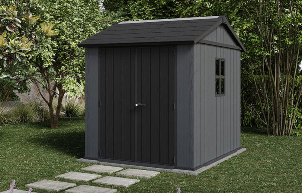 Domek narzędziowy KETER Newton 7x7.5 Szary 230 x 223,8 x 246 cm montaz bez specjalistycznych narzedzi montaz na pioro-wpust latwe czyszcznie dwuskrzydlowe drzwi 138,8 x 181 cm