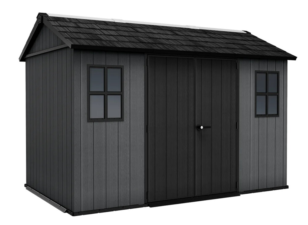 Domek narzędziowy KETER Newton 11x7.5 Szary 230 x 350 x 246 cm wbudowane okna swietlik dachowy dwuskrzydlowe drzwi 138,8 x 181 cm