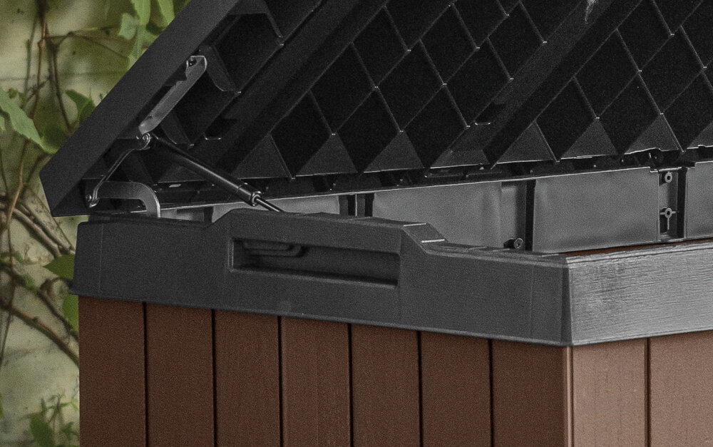 Skrzynia ogrodowa KETER Darwin Box 255157 662L Brązowy wymiary 1143 x 65 x 90 cm pojemnosc 662 litrow silowniki