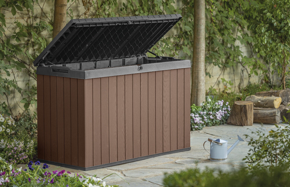 Skrzynia ogrodowa KETER Darwin Box 255157 662L Brązowy trwala konstrukcja z wysokiej jakosci tworzywa kompozytowego Evotech wtrzymalosc struktura naturalnego drewna nie wymaga konserwacji
