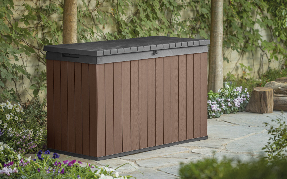 Skrzynia ogrodowa KETER Darwin Box 255157 662L Brązowy maksymalne obciazenie wewnetrzne do 75 kg wbudowane uchwyty system JUST CLICK AND GO montaz na zatrzaski narzedzia do montazu silownikow intuicyjny montaz