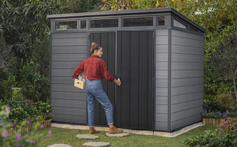 Domek narzędziowy KETER Cortina 9x7 255060 Szary 279 x 216 x 226 cm do przechowywania elegancki praktyczny wymiary 279 x 216 x 226 cm w szarym kolorze