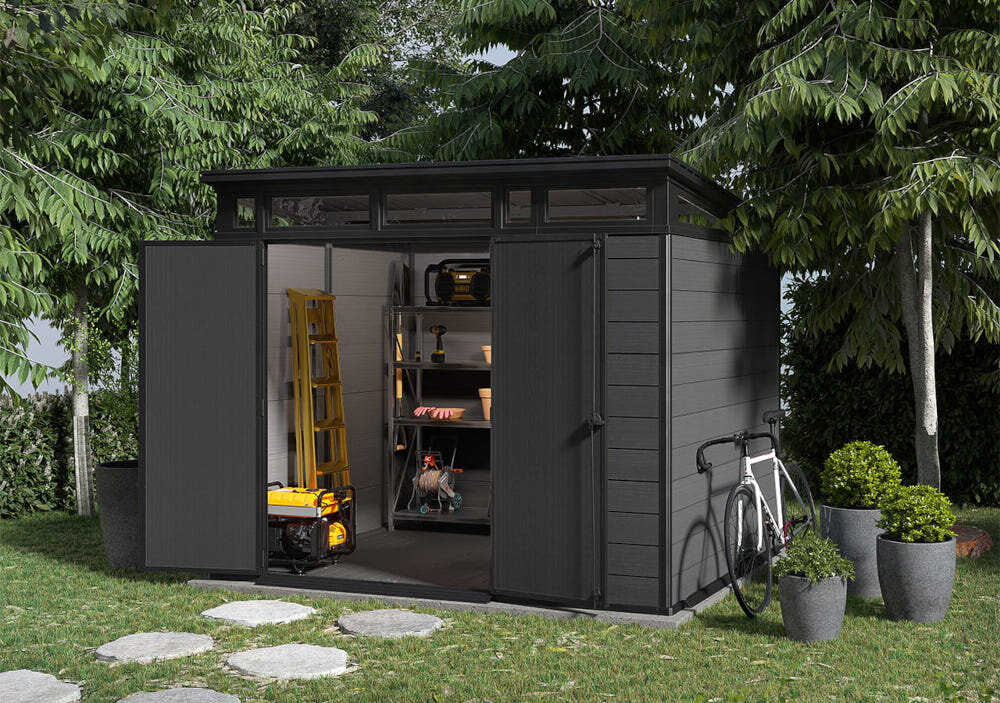 Domek narzędziowy KETER Cortina 9x7 255060 Szary 279 x 216 x 226 cm wbudowany panel wentylacyjny stalowe wzmocnienia konstrukcji dach wzmocniony stalowa konstrukcja obciazenie sniegiem do 150 kg/m2