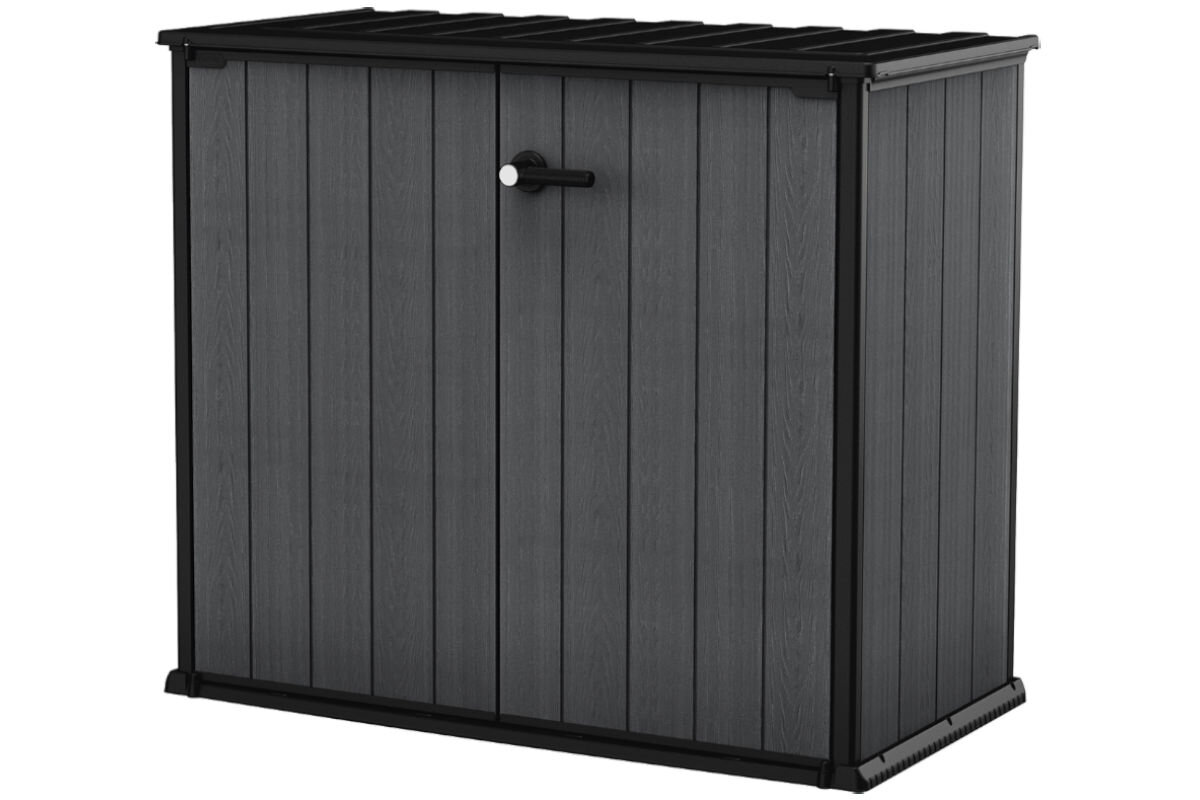 Szafka ogrodowa KETER 255514 Cortina Bella 1000 L Szary, materiał, pojemność 1400 l, wysokość, funkcjonalność, akcesoria, Szafka stoi pionowo frontem prawo skos na białym tle zamknięta