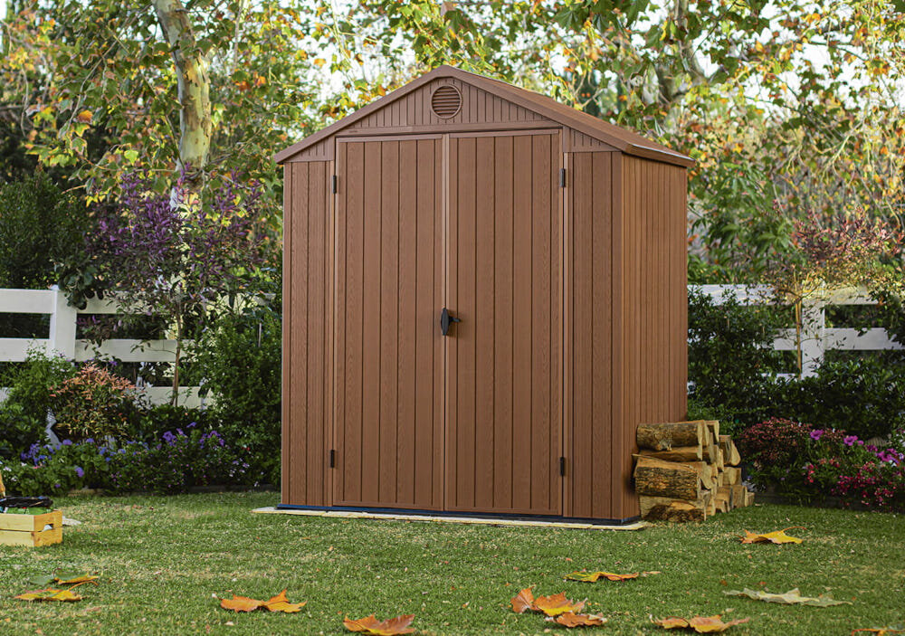 Domek narzędziowy KETER Darwin 6x4 Oliwkowy 190 x 121 x 221 cm trwala konstrukcja z wysokiej jakosci tworzywa kompozytowego Evotech o grubosci 16 mm struktura naturalnego drewna powierzhnia podlogi 2,29 m2