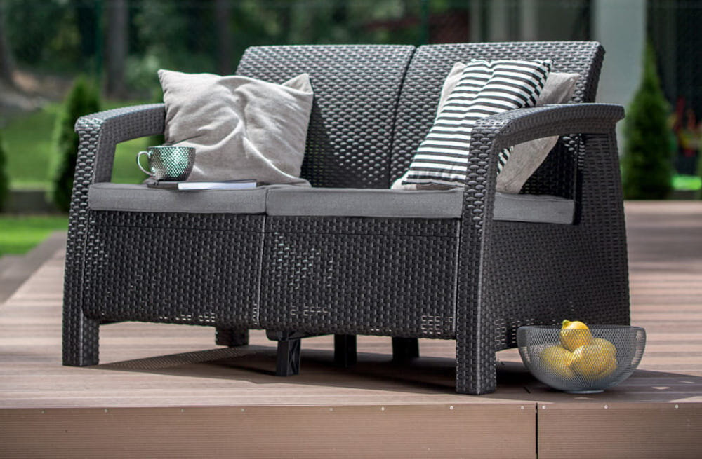 Zestaw mebli ogrodowych KETER Corfu Box 258979 Grafitowo-szary sofa na tarasie podwojna sofa wymiary 79 x 70 x 128 cm oplywowy uniwersalny ksztalt miejsce dla 4 osob