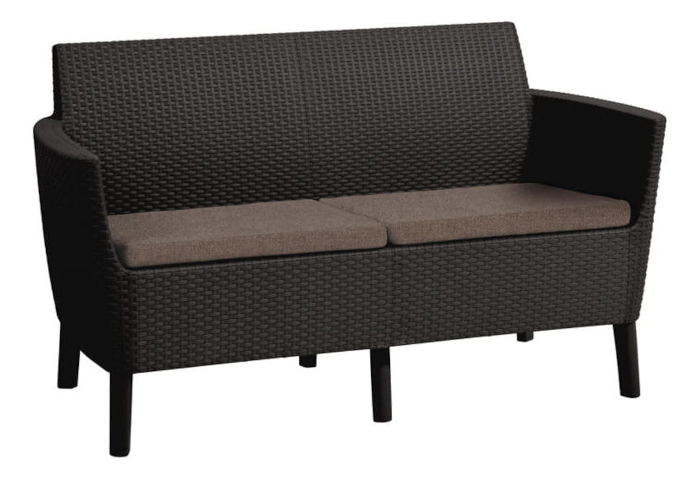 Meble ogrodowe KETER SALEMO SET Brązowy sofa na białym tle podwójna sofa odpowiednie warunki do spokojnego relaksu wymiar 133 x 67 x 76 cm obciążenie do 220 kg