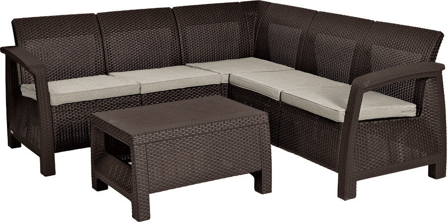 Zestaw mebli ogrodowych KETER Corfu II Relax Brown 258949 zestaw na białym tle w zestawie duży narożnik i stolik kawowy do użytku na tarasie balkonie w ogrodzie kompatybilność z innymi elementami kolekcji KETER Corfu