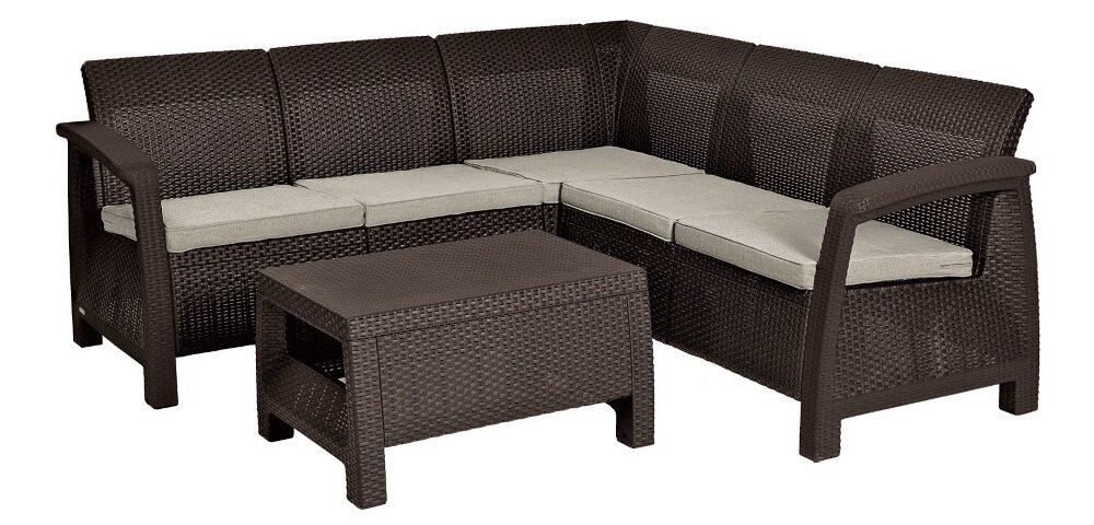 Zestaw mebli ogrodowych KETER Corfu II Relax Brown 258949 zestaw na białym tle w zestawie duży narożnik i stolik kawowy do użytku na tarasie balkonie w ogrodzie kompatybilność z innymi elementami kolekcji KETER Corfu