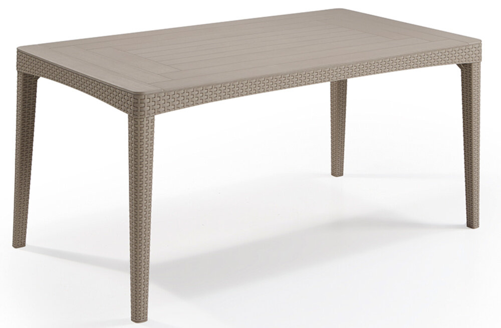 Stół KETER Girona Flat Wicker 232003 Cappuccino stół na białym tle centralny punkt w ogrodzie, na tarasie większym balkonie komfortowe spożywanie posiłków organizowanie spotkań z bliskimi praca na świeżym powietrzu wymiary 160 x 90 x 74 cm