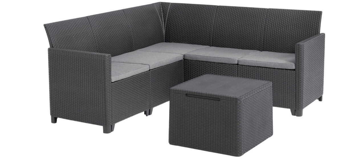 Zestaw mebli ogrodowych KETER Marie Corner 5 256703 Grafitowy, montaż, kliknij, polipropylen, lekki, na białym tle narożnik ogrodowy szary z pufem.