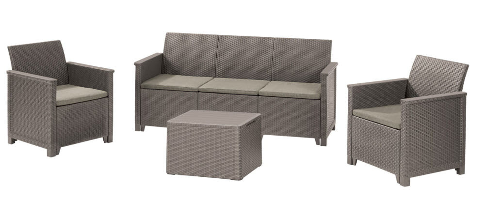 Zestaw mebli ogrodowych KETER Elodie 5 254086 Cappuccino stolik kawowy potrojna sofa dwa fotele w ponadczasowym stylu