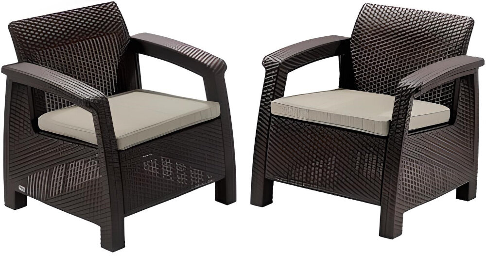 Zestaw mebli ogrodowych KETER CORFU II DUO Brązowo-beżowy dwa fotele ponadczasowy styl mile chwile relaks